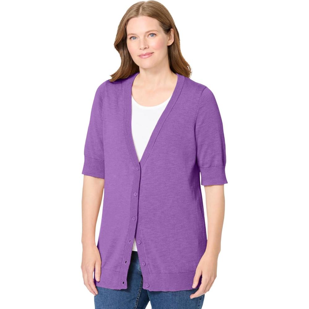imageWoman Within Plus Size Lightweight Short Sleeve VNeck CardiganPretty Violet