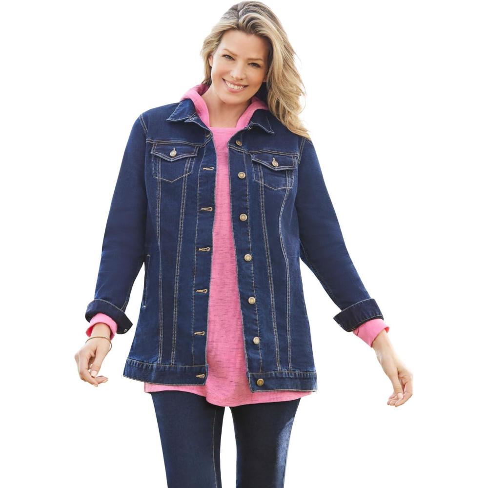 imageWoman Within Plus Size Long Stretch Denim Jacket Oversized Jean JacketIndigo