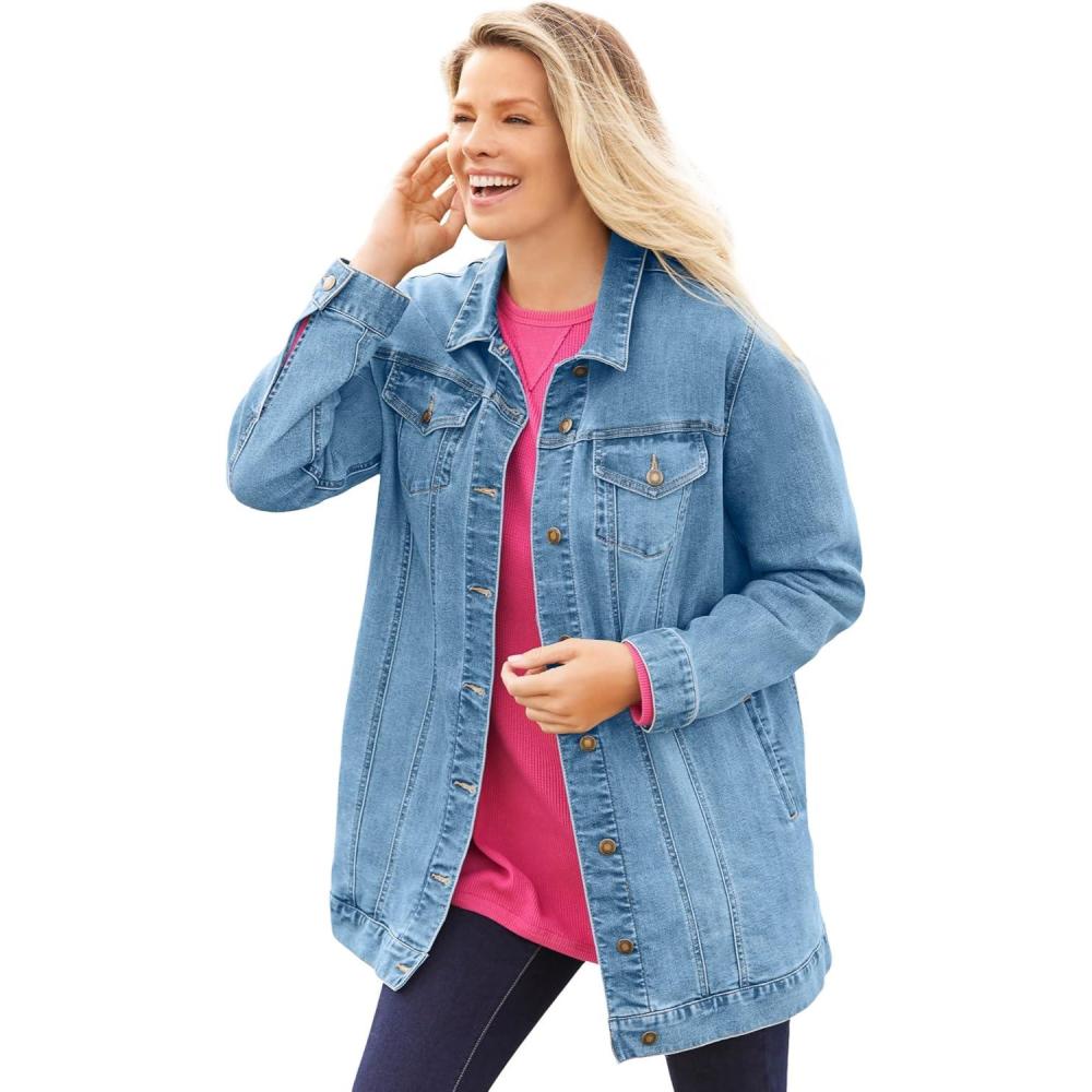 imageWoman Within Plus Size Long Stretch Denim Jacket Oversized Jean JacketLight Stonewash Sanded