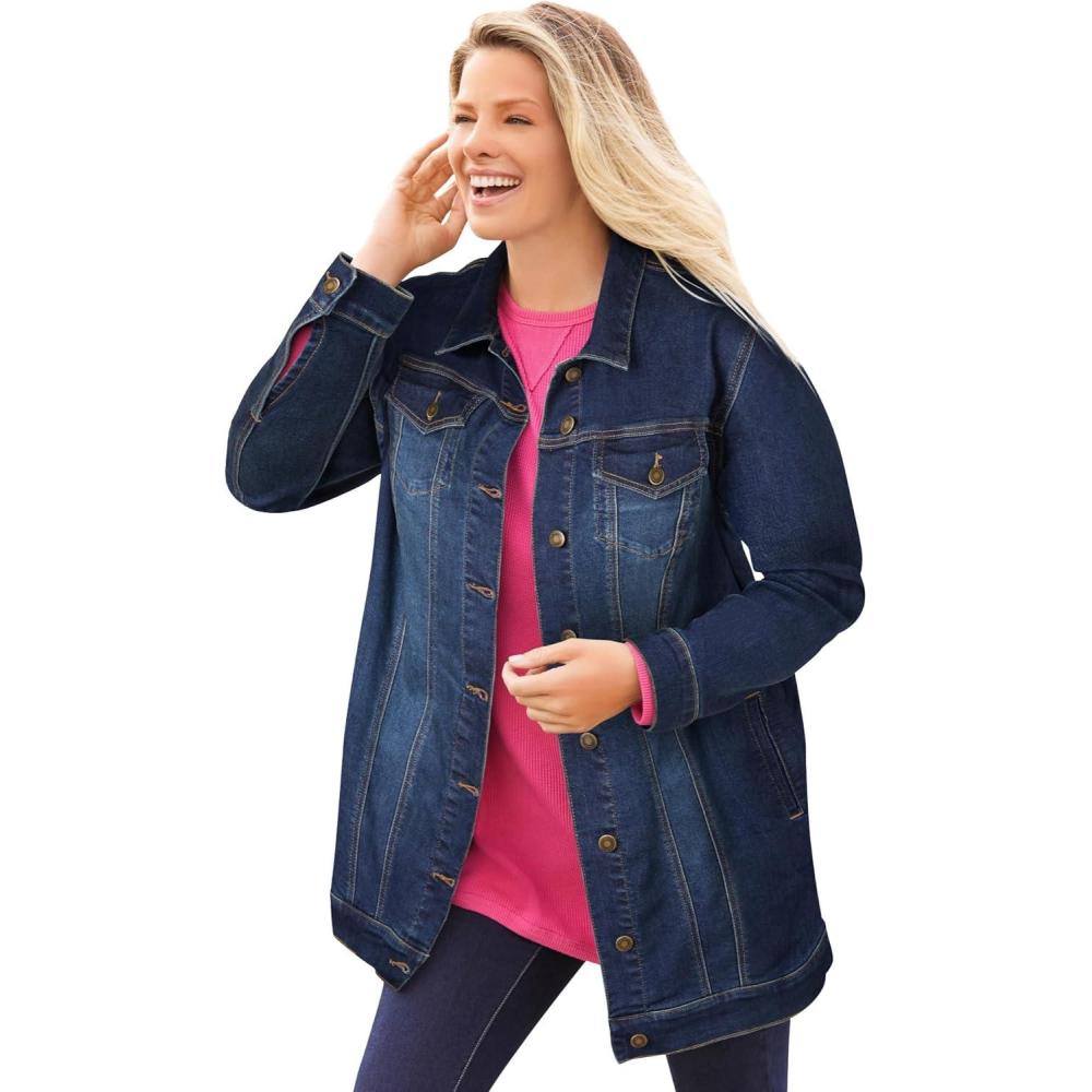 imageWoman Within Plus Size Long Stretch Denim Jacket Oversized Jean JacketMidnight Sanded