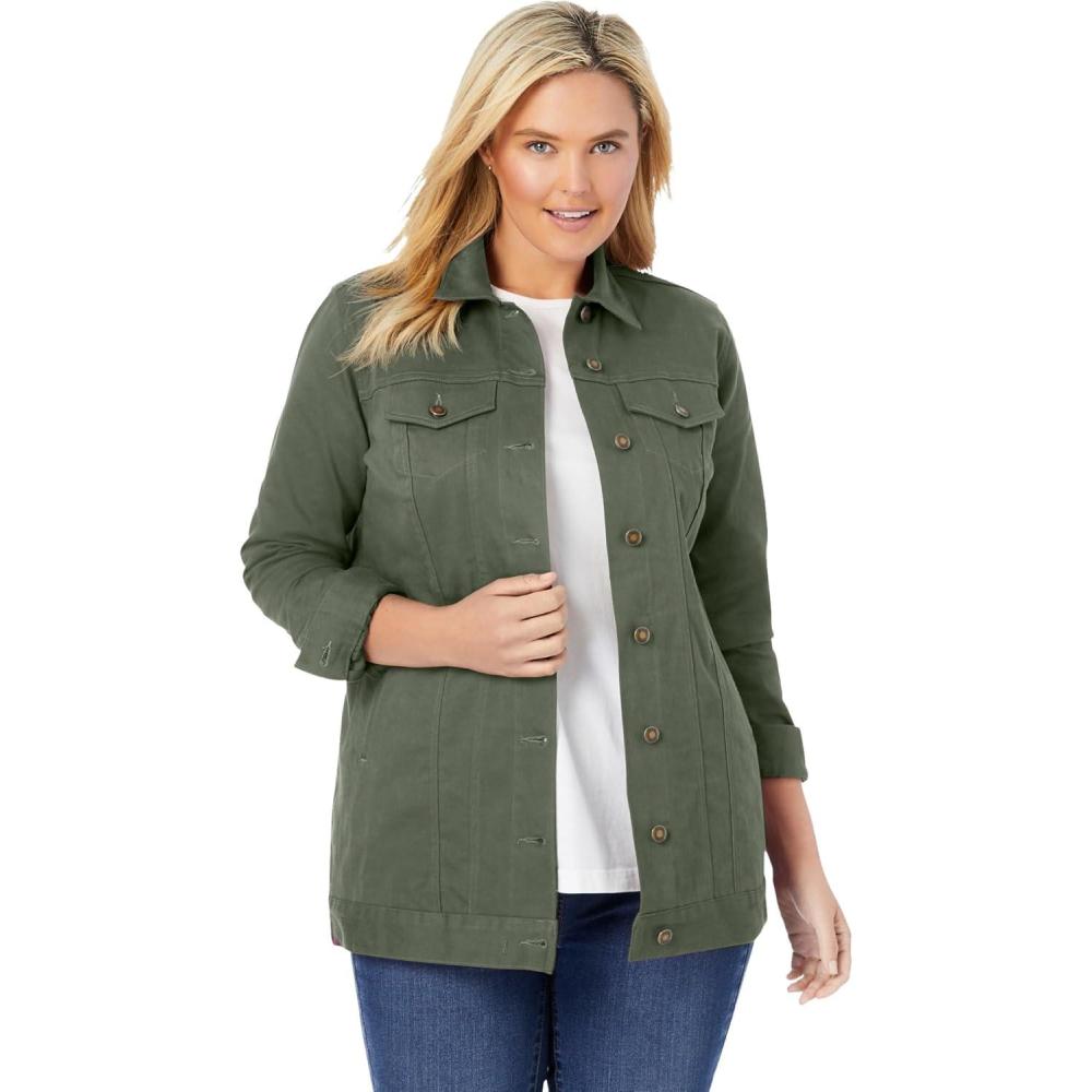imageWoman Within Plus Size Long Stretch Denim Jacket Oversized Jean JacketOlive Green