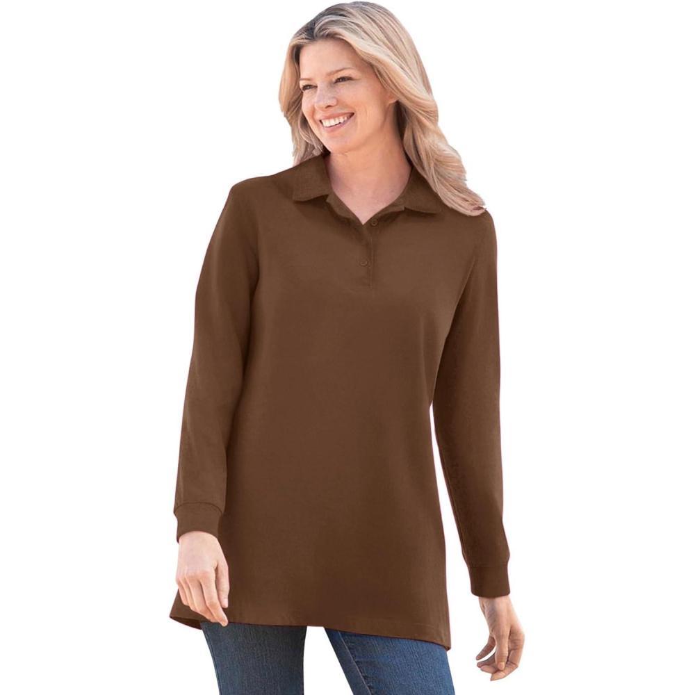 imageWoman Within Plus Size LongSleeve Polo ShirtChocolate