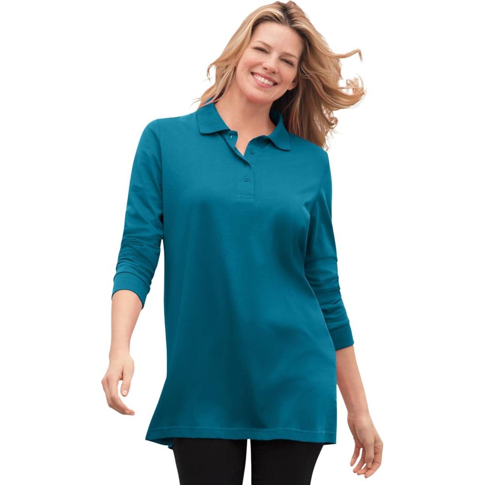 imageWoman Within Plus Size LongSleeve Polo ShirtDeep Teal