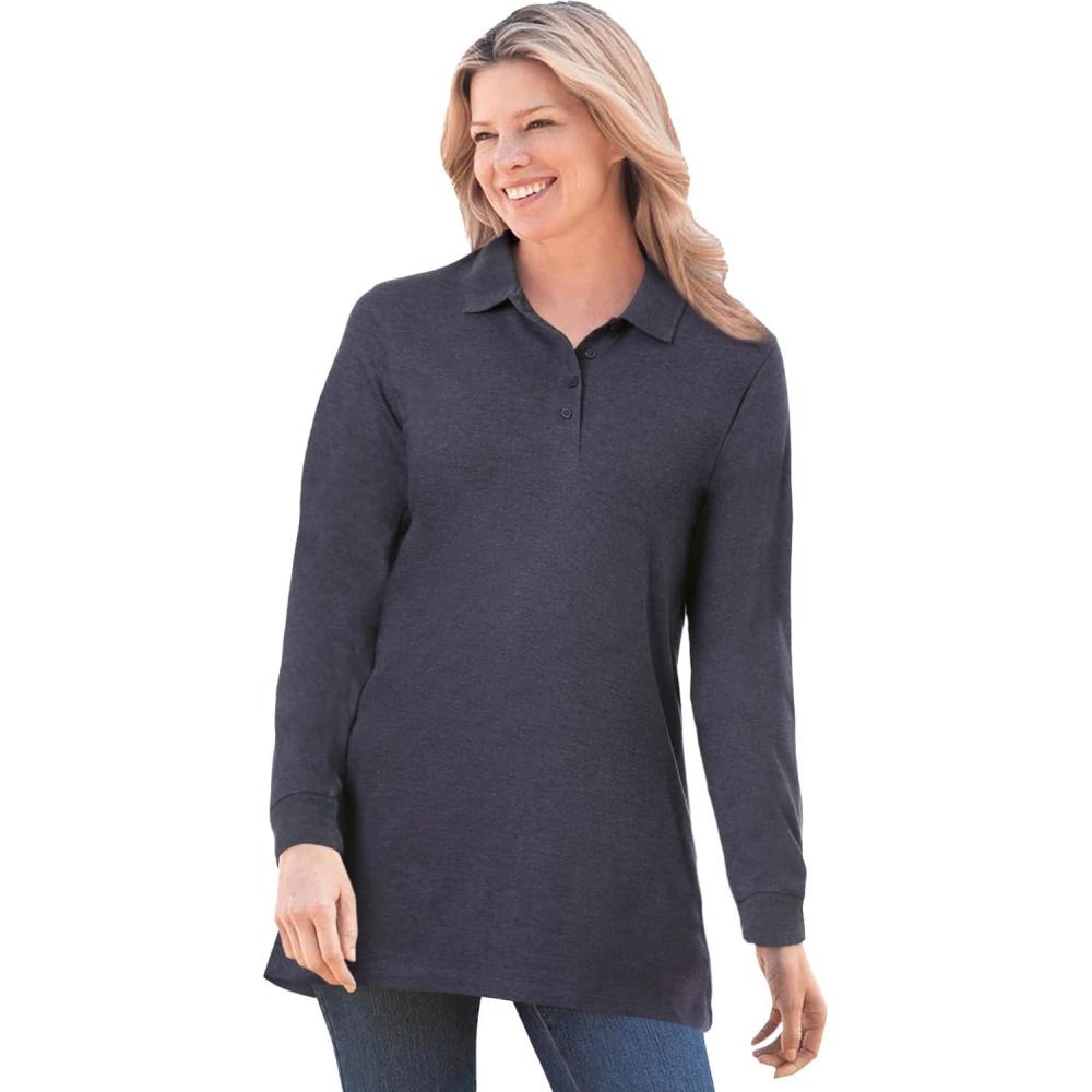 imageWoman Within Plus Size LongSleeve Polo ShirtHeather Navy