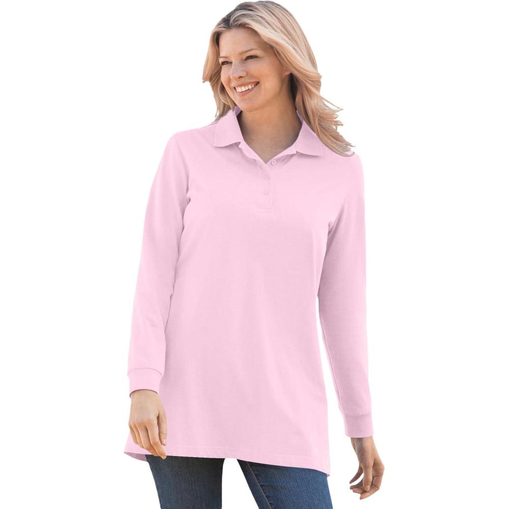 imageWoman Within Plus Size LongSleeve Polo ShirtPink