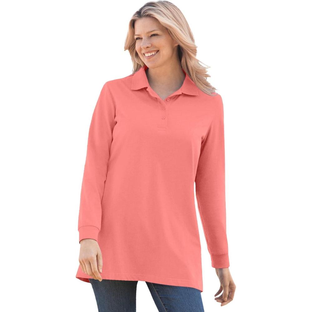 imageWoman Within Plus Size LongSleeve Polo ShirtSweet Coral
