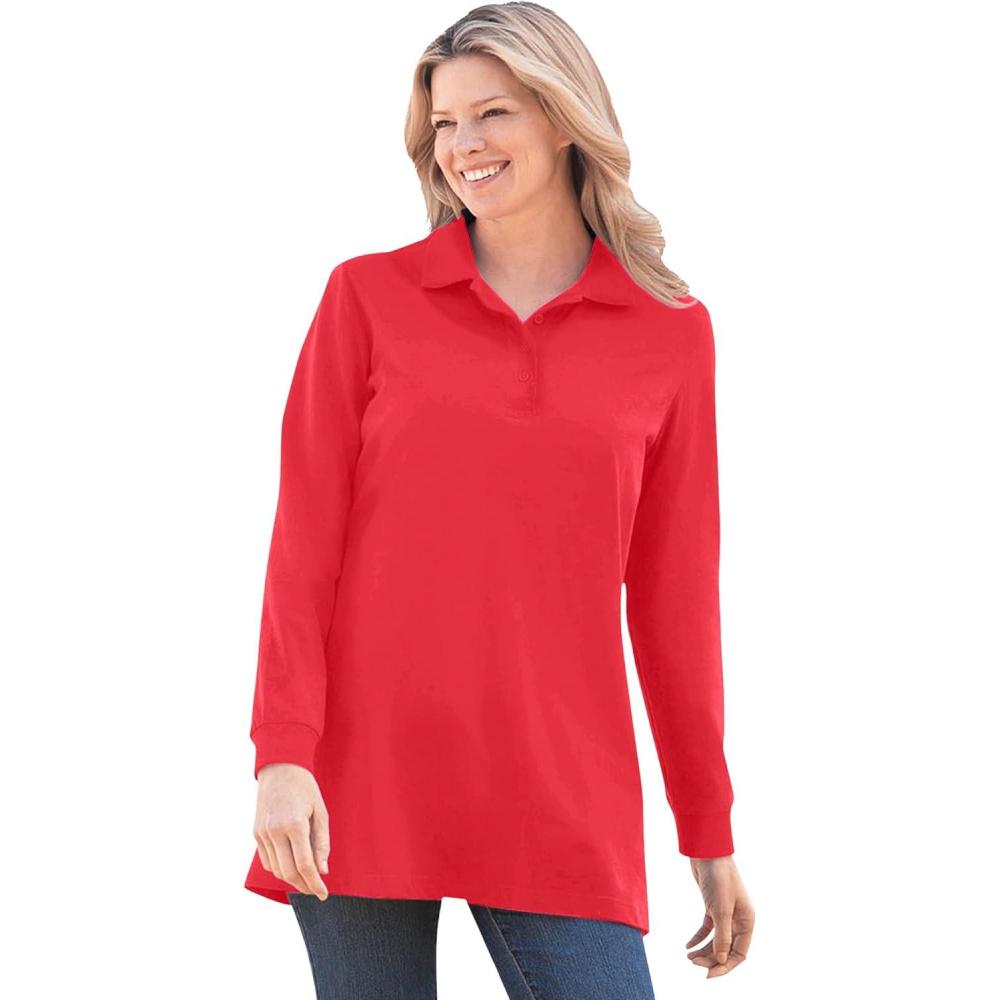 imageWoman Within Plus Size LongSleeve Polo ShirtVivid Red