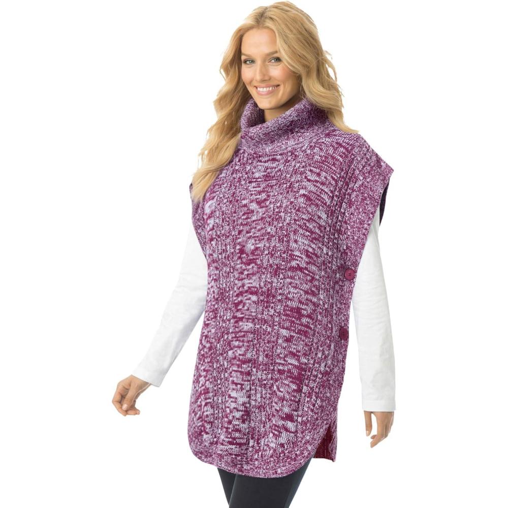imageWoman Within Plus Size Marled Knit Cowl Neck PonchoDeep Claret White Marled