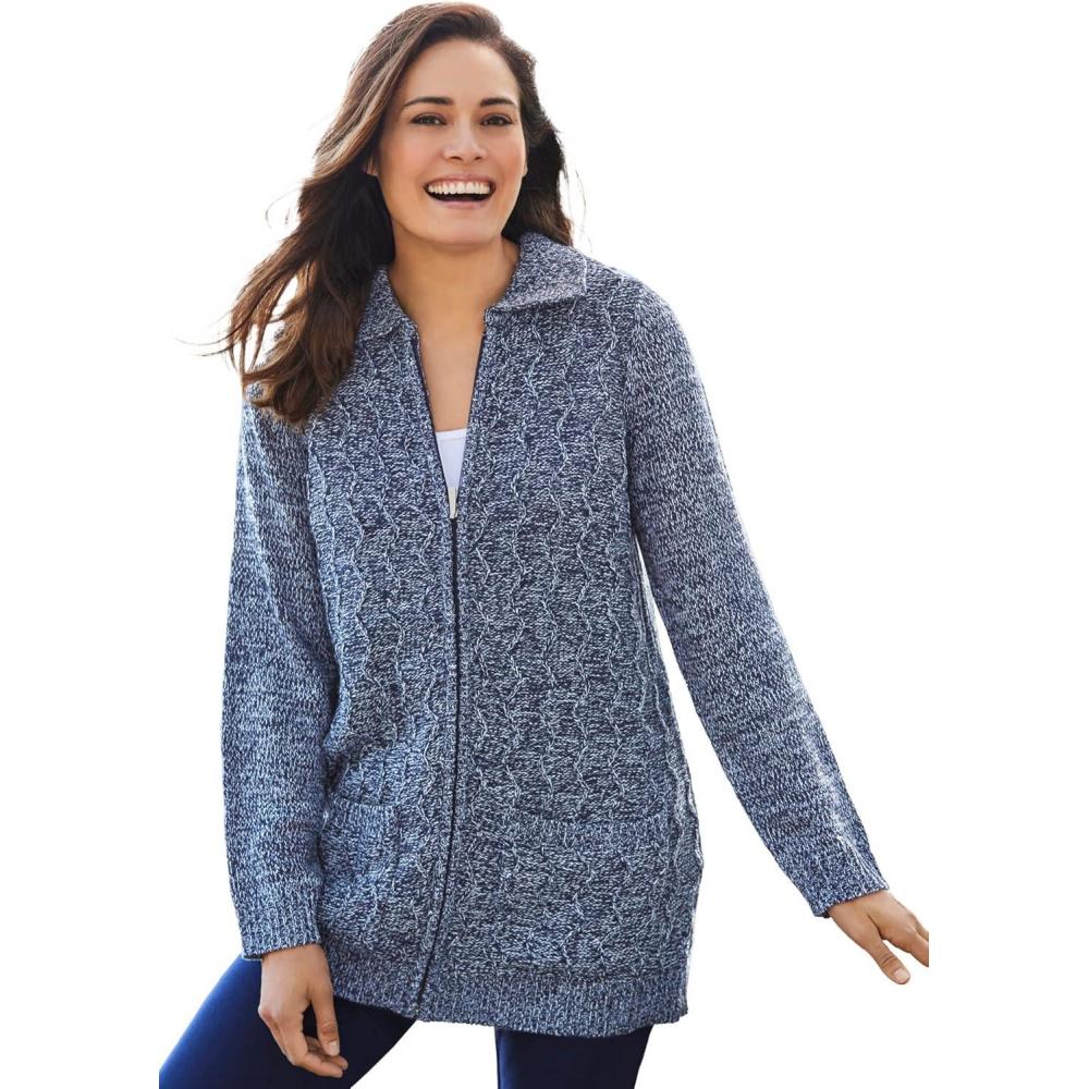 imageWoman Within Plus Size Marled ZipFront Cable Knit CardiganNavy Sky Blue Marled
