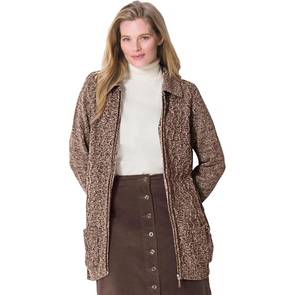 imageWoman Within Plus Size Marled ZipFront Cable Knit CardiganNew Khaki Chocolate Marled