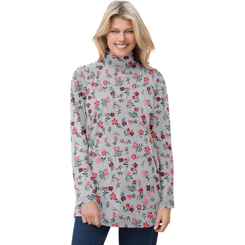 imageWoman Within Plus Size Mockneck LongSleeve TunicHeather Grey Red Pretty Floral