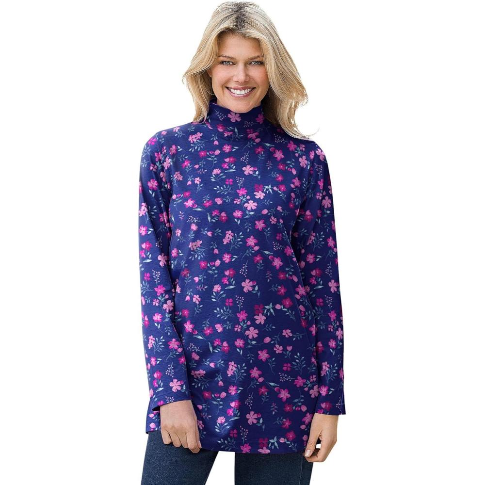 imageWoman Within Plus Size Mockneck LongSleeve TunicNavy Pretty Floral