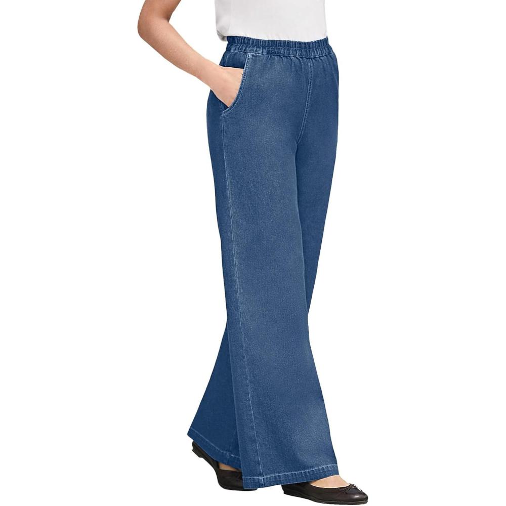 imageWoman Within Plus Size Perfect ElasticWaist WideLeg AllCotton PullOn Denim JeansMedium Stonewash