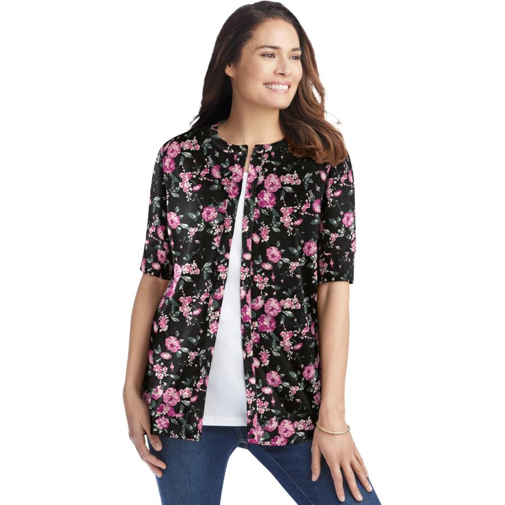 imageWoman Within Plus Size Perfect ElbowLength Sleeve CardiganBlack Floral