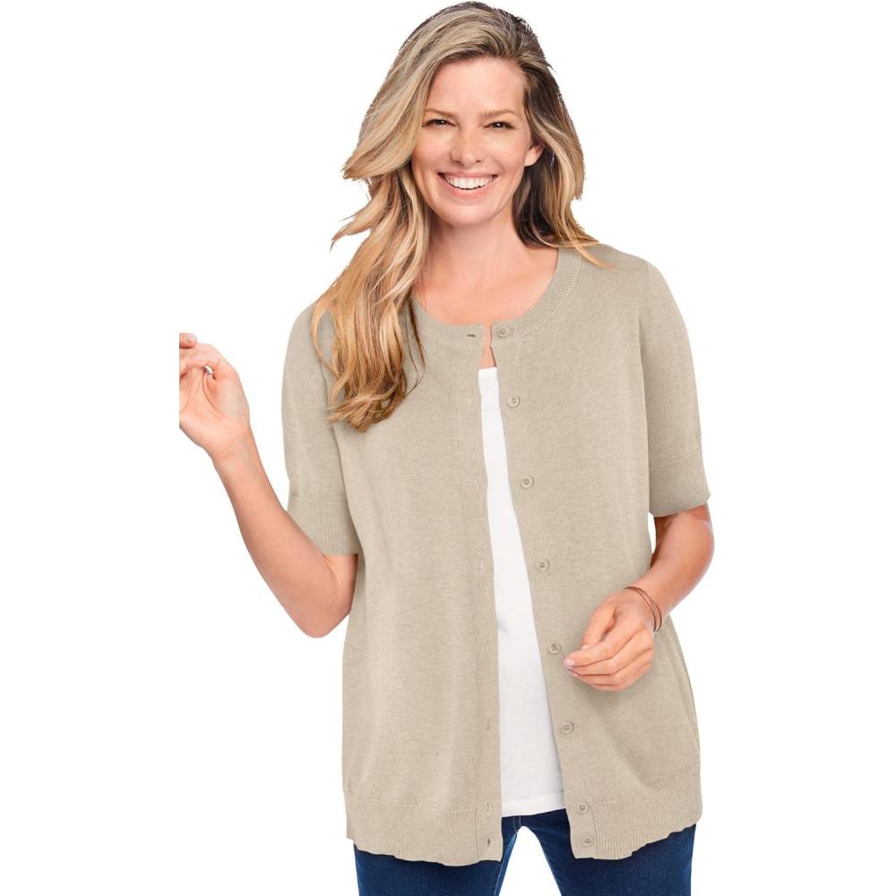 imageWoman Within Plus Size Perfect ElbowLength Sleeve CardiganNatural Khaki