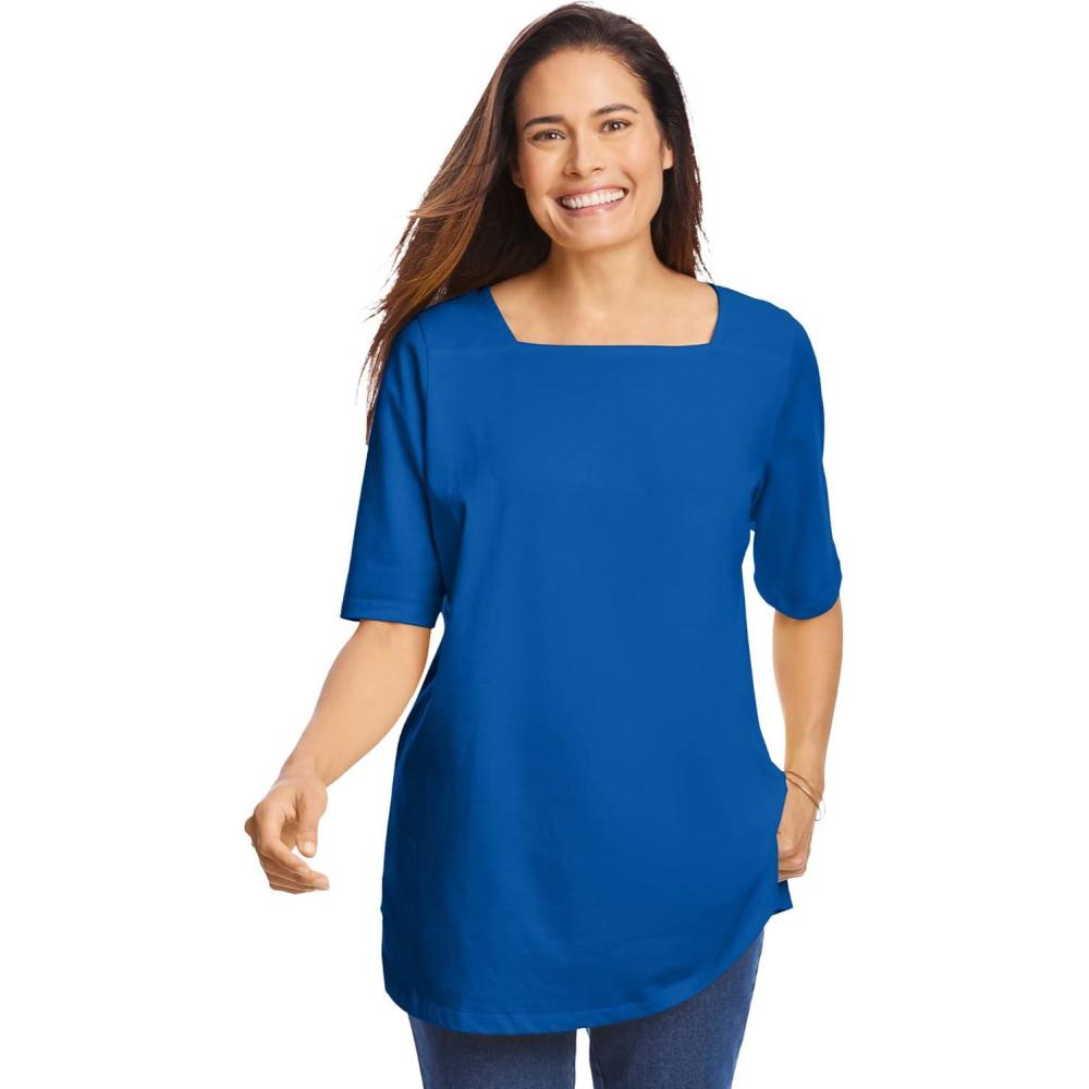 imageWoman Within Plus Size Perfect ElbowSleeve SquareNeck TeeBright Cobalt