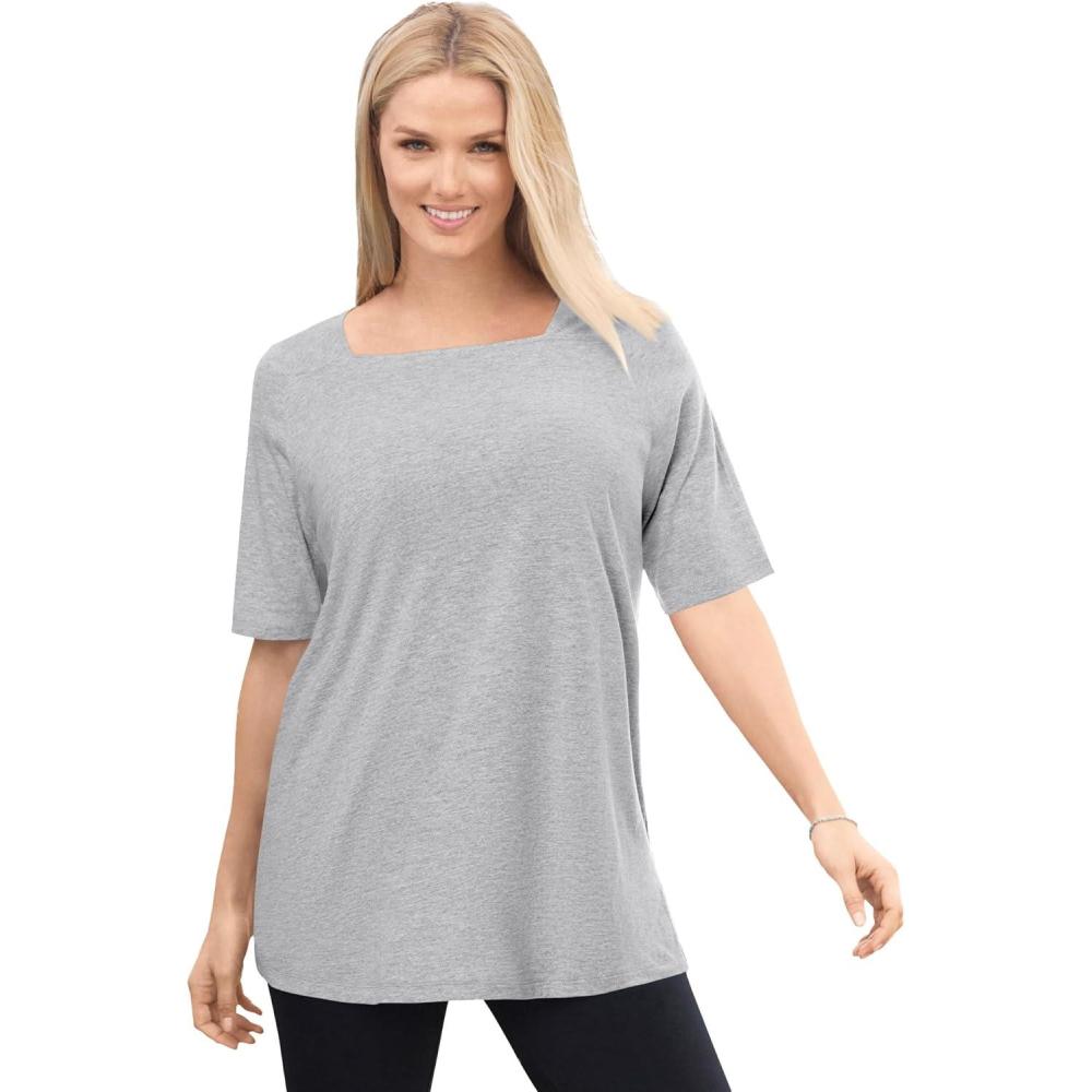 imageWoman Within Plus Size Perfect ElbowSleeve SquareNeck TeeHeather Grey