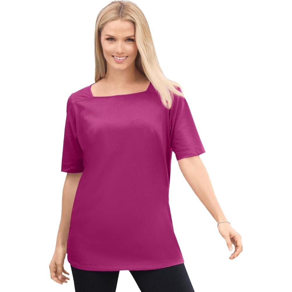 imageWoman Within Plus Size Perfect ElbowSleeve SquareNeck TeeRaspberry
