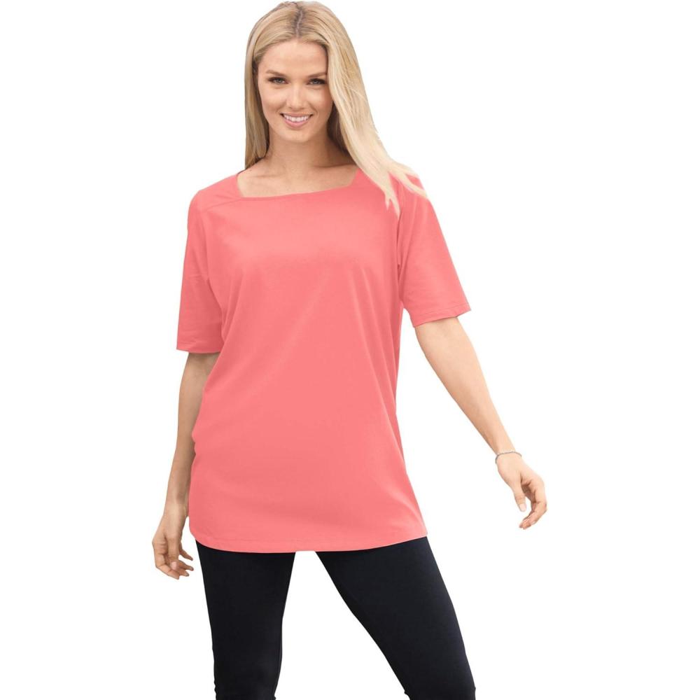 imageWoman Within Plus Size Perfect ElbowSleeve SquareNeck TeeSweet Coral
