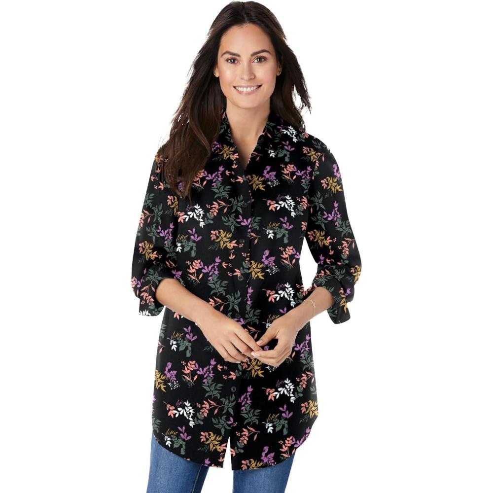 imageWoman Within Plus Size Perfect Long Sleeve ShirtBlack Multi Leaves