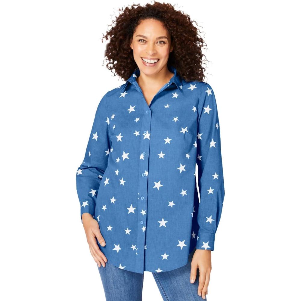 imageWoman Within Plus Size Perfect Long Sleeve ShirtBlue Chambray Stars