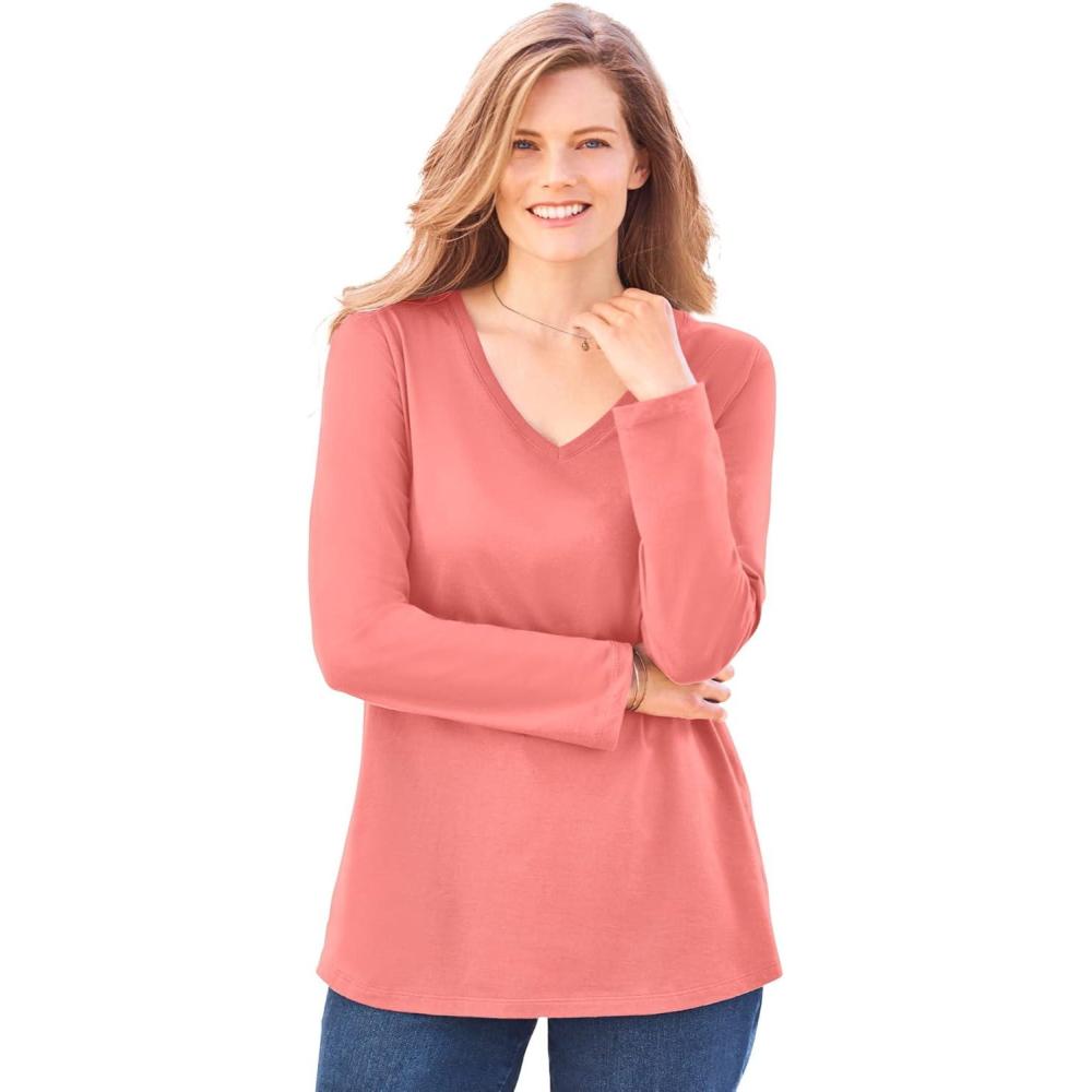 imageWoman Within Plus Size Perfect LongSleeve VNeck TeeSweet Coral