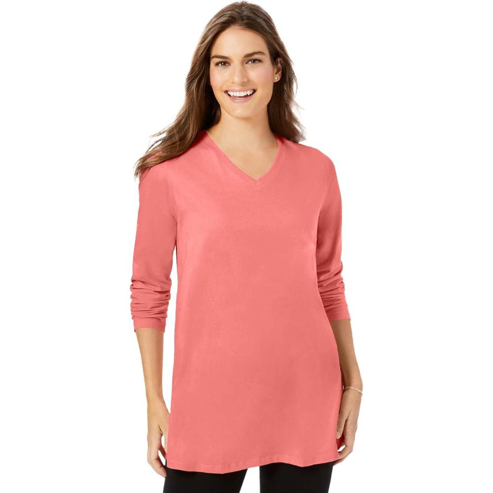 imageWoman Within Plus Size Perfect LongSleeve VNeck TunicSweet Coral