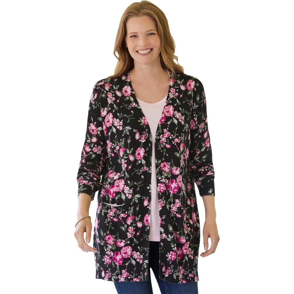 imageWoman Within Plus Size Perfect LongerLength Cotton CardiganBlack Floral
