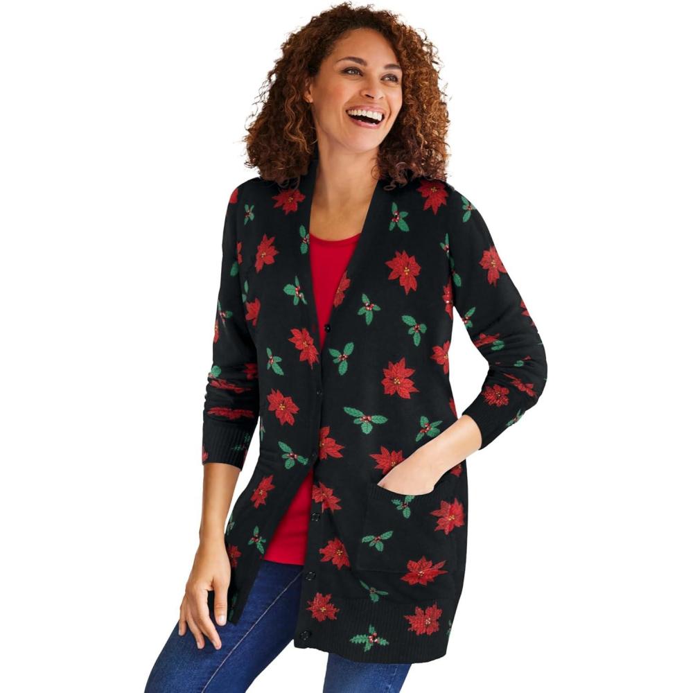 imageWoman Within Plus Size Perfect LongerLength Cotton CardiganBlack Poinsettia