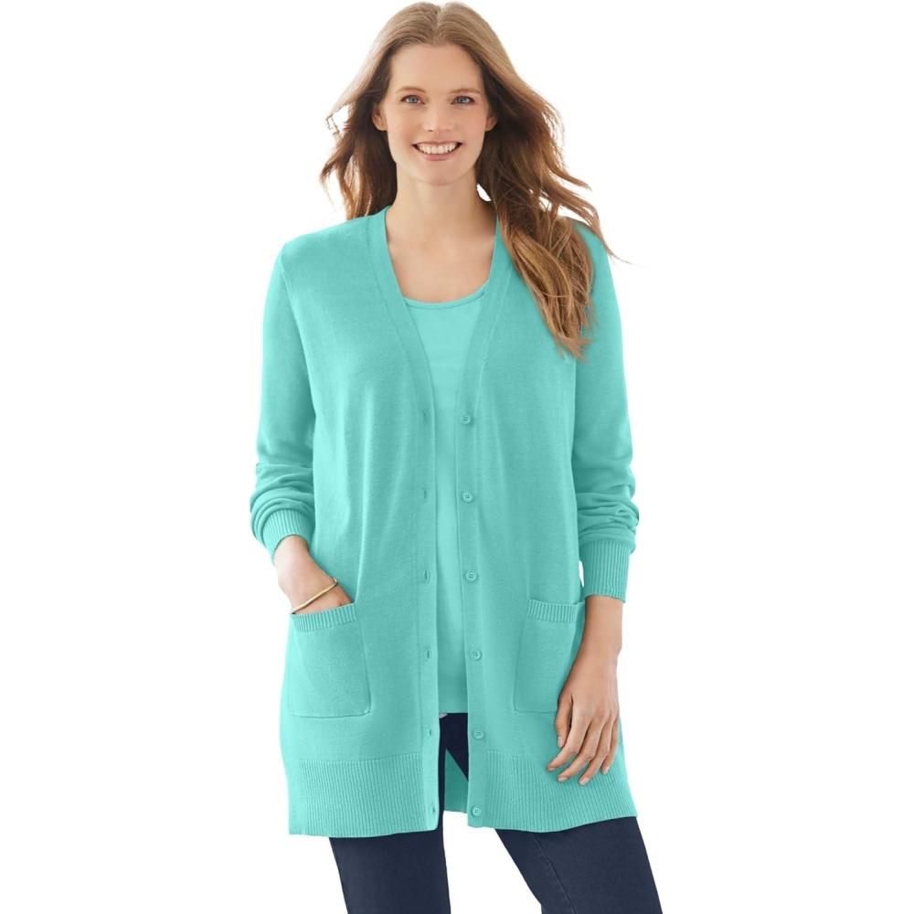 imageWoman Within Plus Size Perfect LongerLength Cotton CardiganIsland Aqua