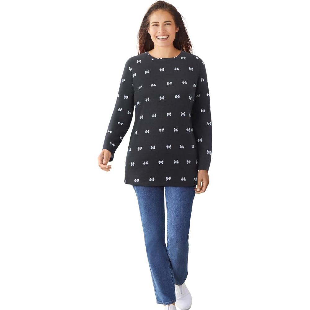 imageWoman Within Plus Size Perfect Printed LongSleeve Crewneck TeeBlack Sweet Bows