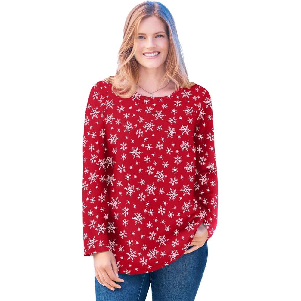 imageWoman Within Plus Size Perfect Printed LongSleeve Crewneck TeeClassic Red Snowflakes