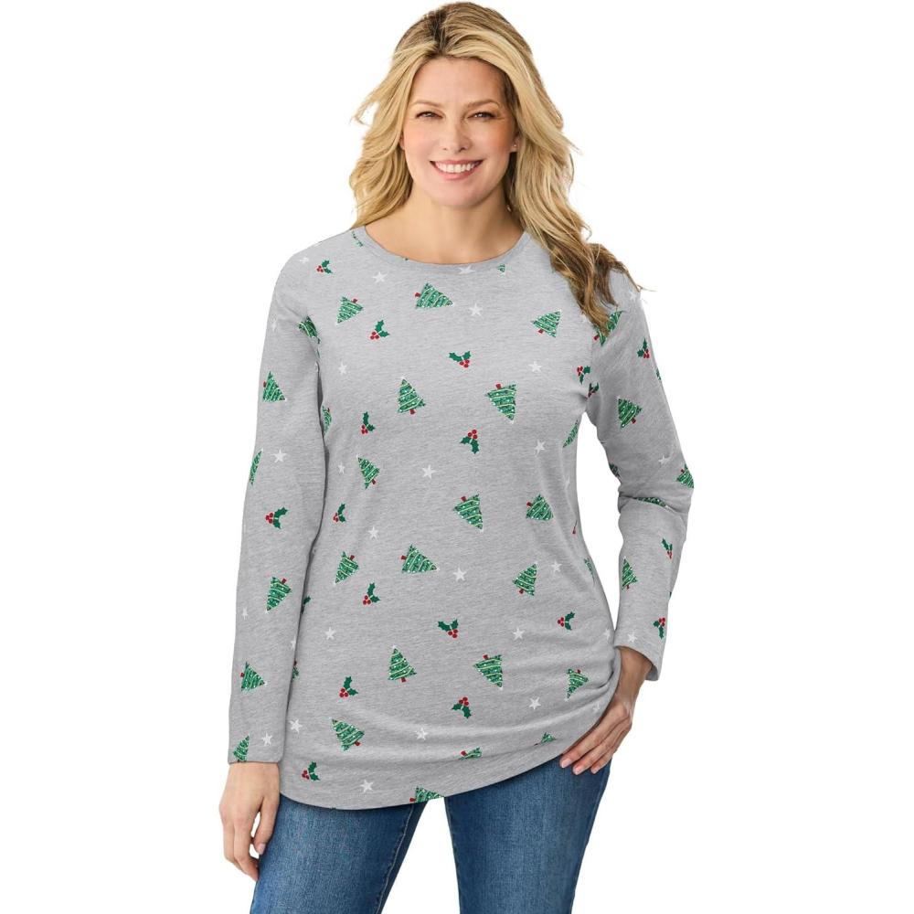 imageWoman Within Plus Size Perfect Printed LongSleeve Crewneck TeeHeather Grey Holiday