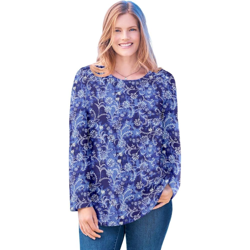imageWoman Within Plus Size Perfect Printed LongSleeve Crewneck TeeNavy Floral Tie Dye