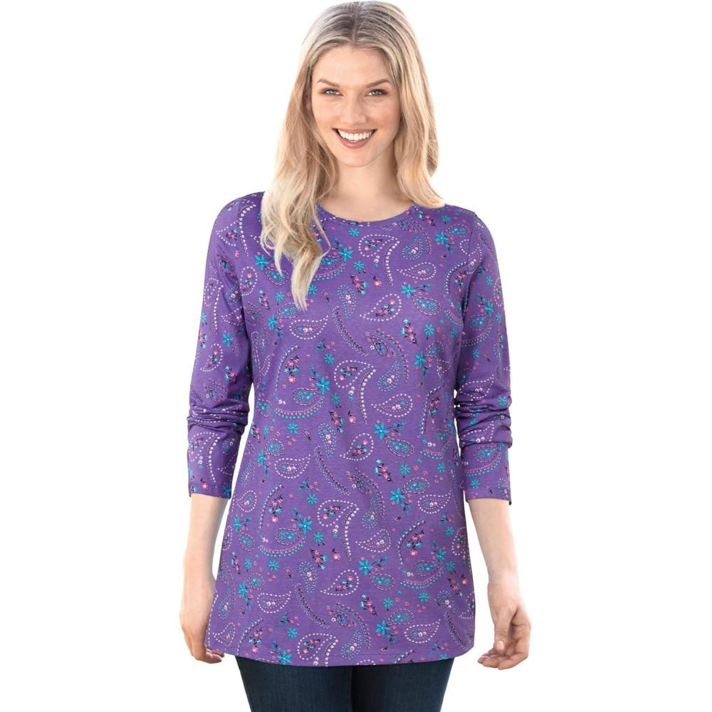 imageWoman Within Plus Size Perfect Printed LongSleeve Crewneck TeePetal Purple Floral Paisley