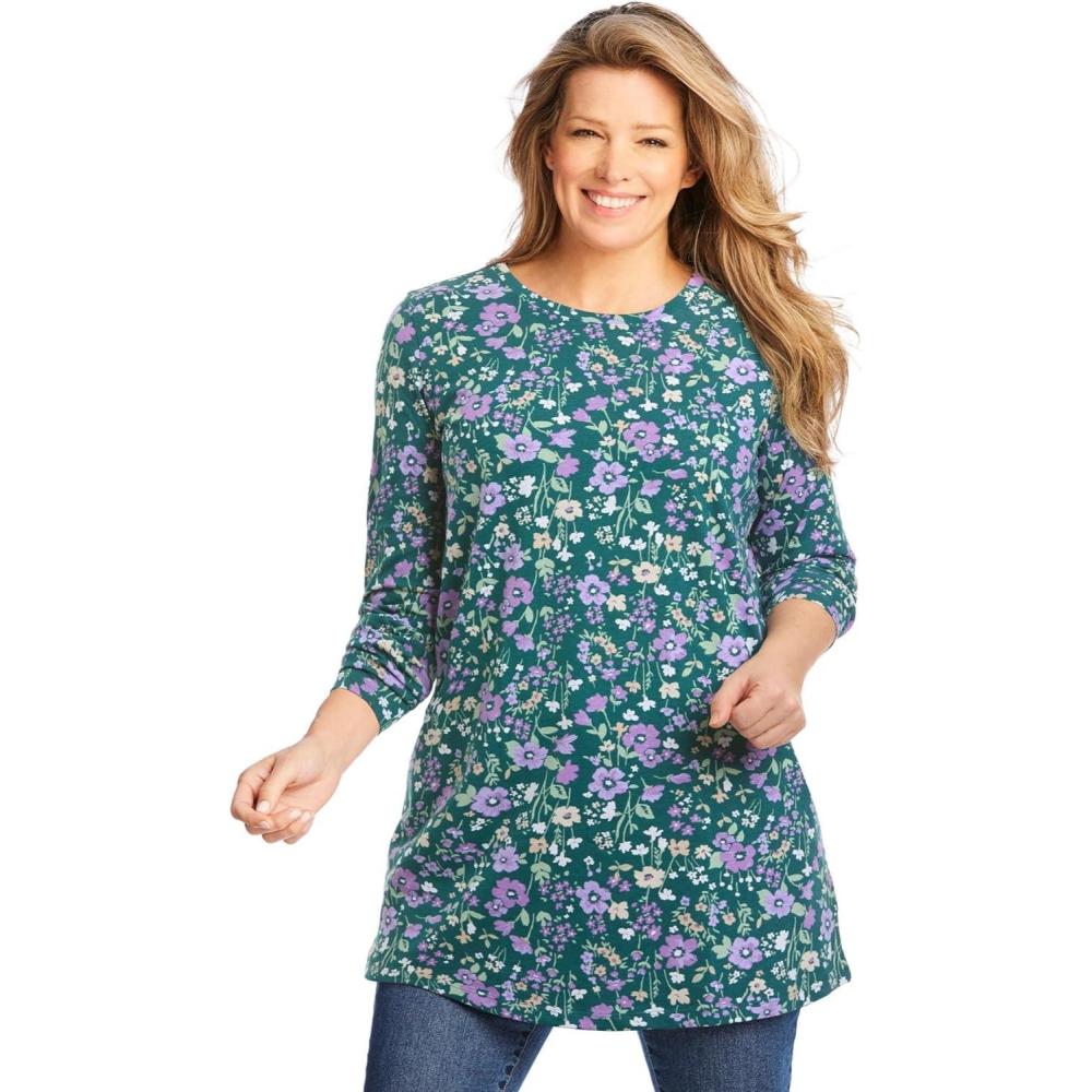 imageWoman Within Plus Size Perfect Printed LongSleeve Crewneck TunicEmerald Green Field Floral