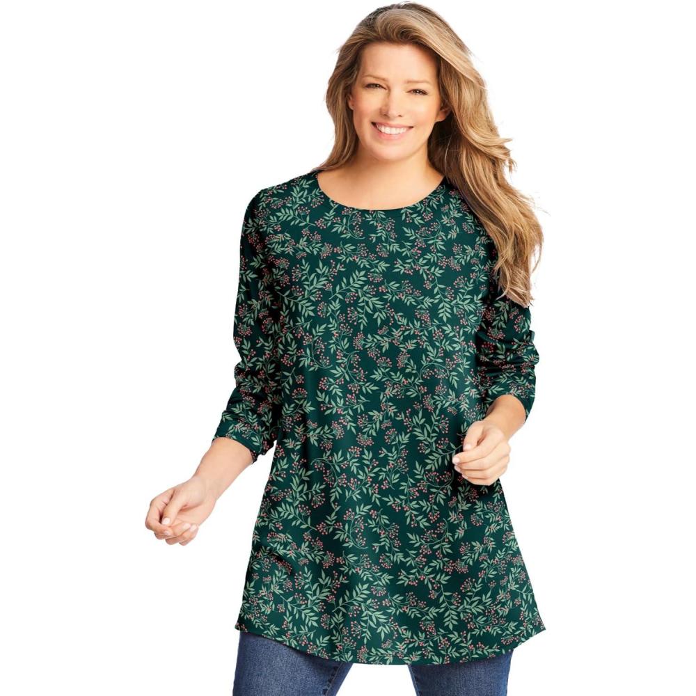 imageWoman Within Plus Size Perfect Printed LongSleeve Crewneck TunicEmerald Green Leaf Print