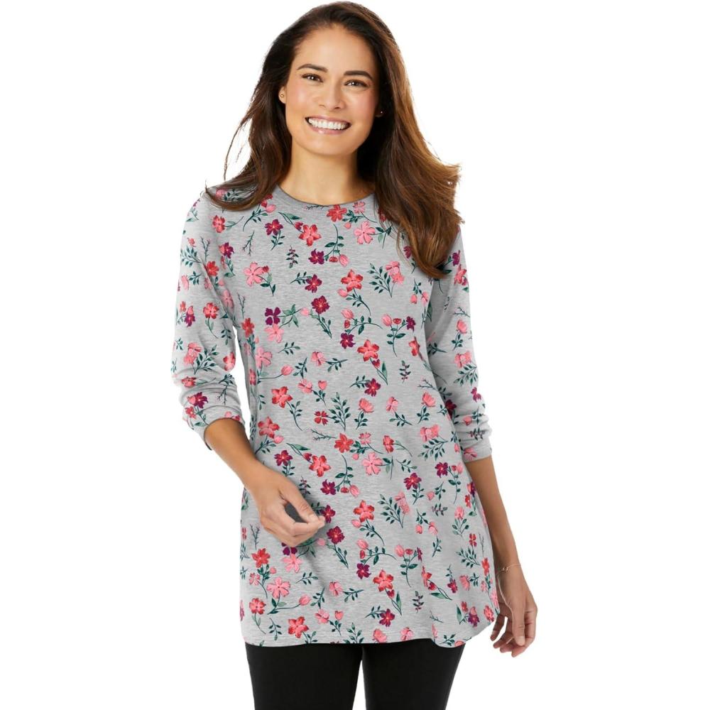 imageWoman Within Plus Size Perfect Printed LongSleeve Crewneck TunicHeather Grey Red Pretty Floral