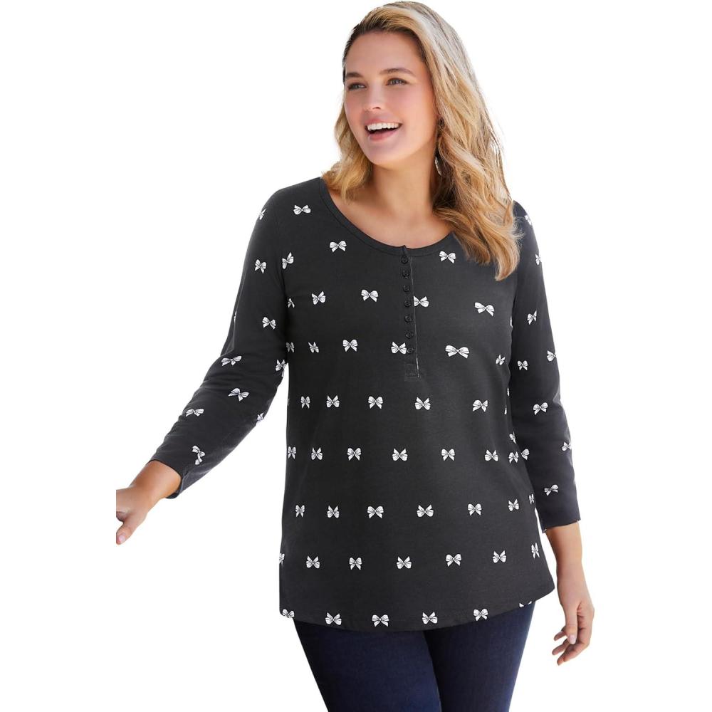 imageWoman Within Plus Size Perfect Printed LongSleeve Henley TeeBlack Sweet Bows