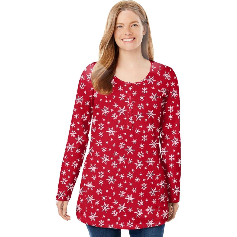 imageWoman Within Plus Size Perfect Printed LongSleeve Henley TeeClassic Red Snowflakes