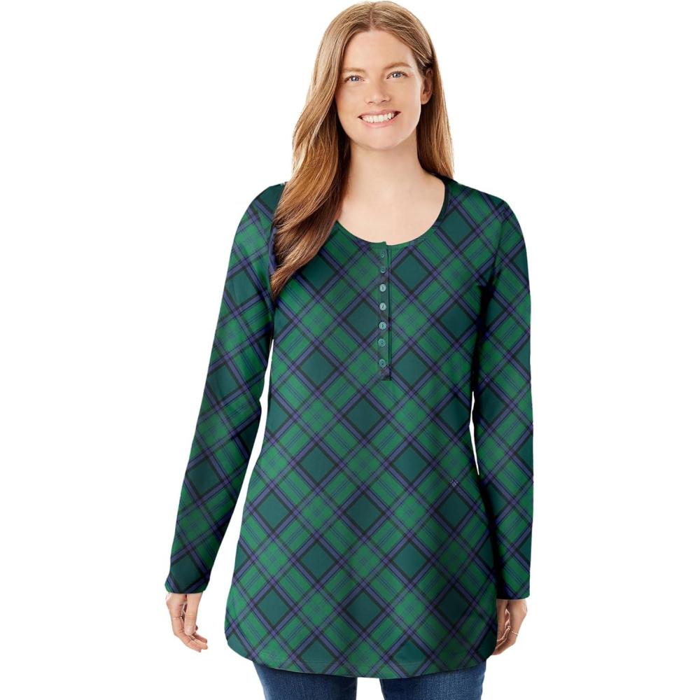 imageWoman Within Plus Size Perfect Printed LongSleeve Henley TeeEmerald Green Plaid