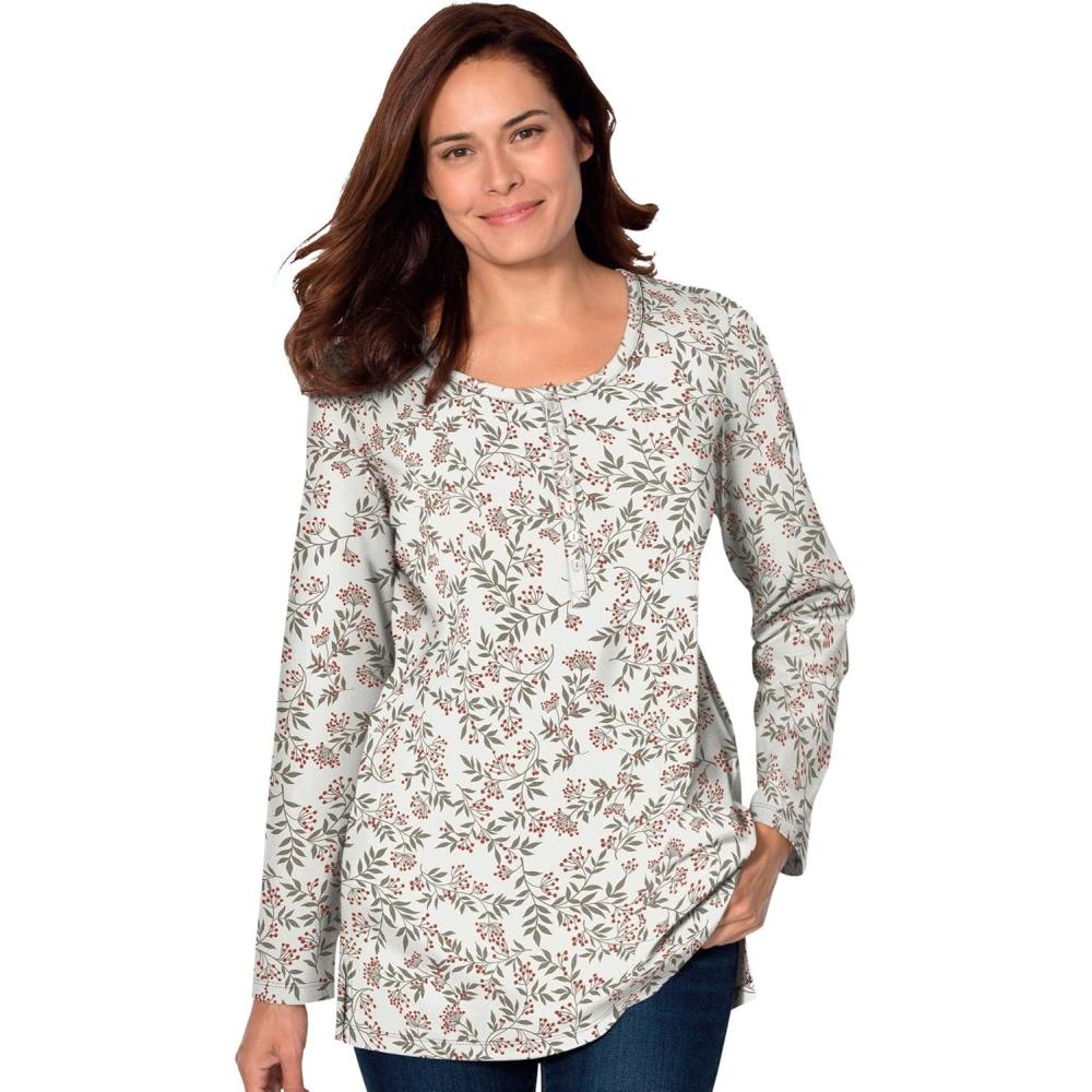 imageWoman Within Plus Size Perfect Printed LongSleeve Henley TeeIvory Leaf Print