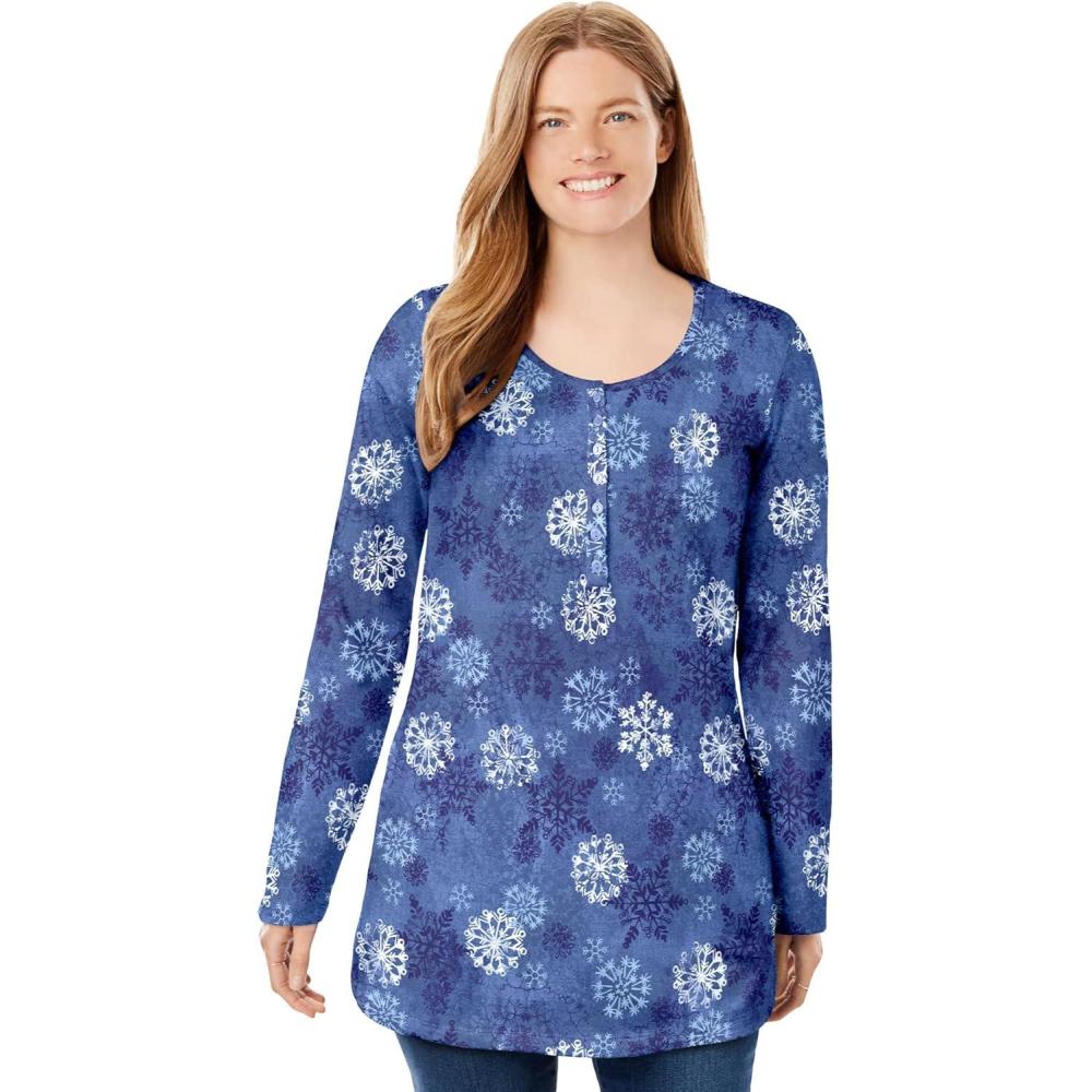 imageWoman Within Plus Size Perfect Printed LongSleeve Henley TeeRoyal Navy Textured Snowflake