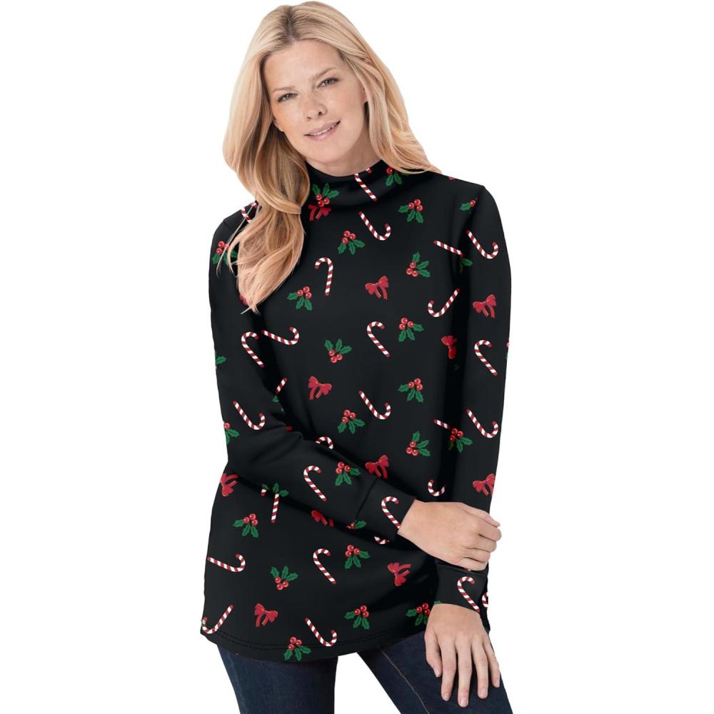 imageWoman Within Plus Size Perfect Printed LongSleeve Mockneck TeeBlack Mistletoe