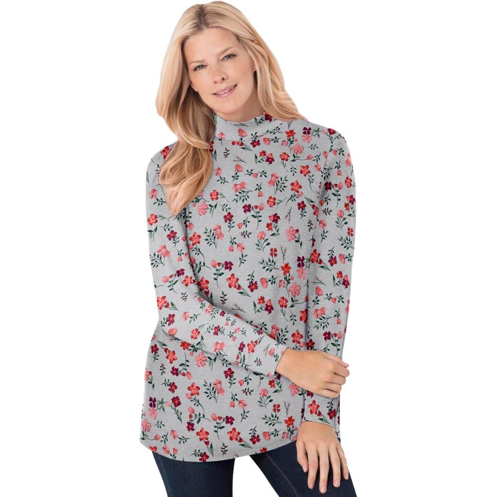 imageWoman Within Plus Size Perfect Printed LongSleeve Mockneck TeeHeather Grey Red Pretty Floral