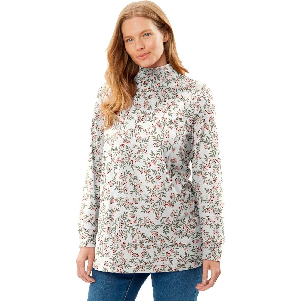 imageWoman Within Plus Size Perfect Printed LongSleeve Mockneck TeeIvory Leaf Print