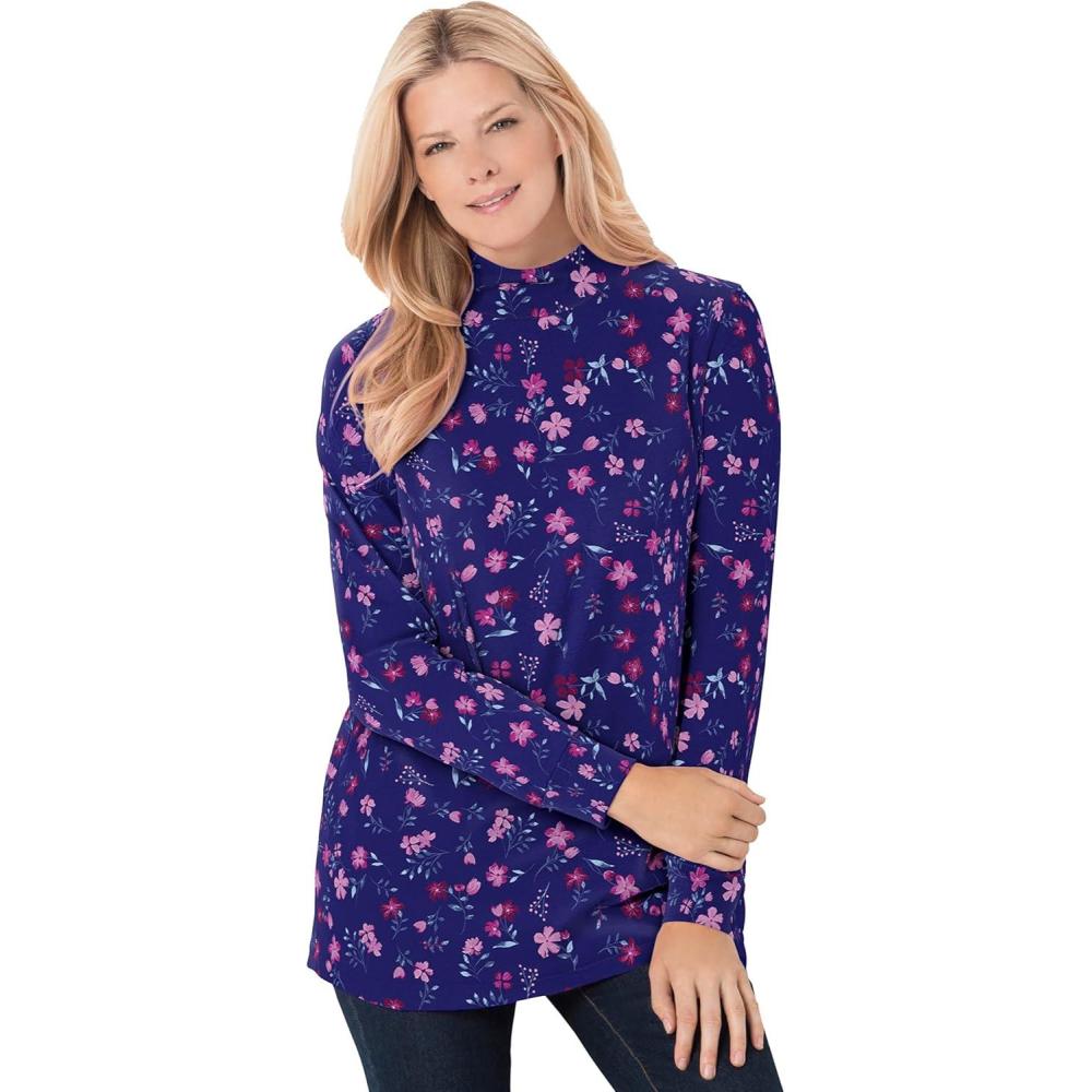 imageWoman Within Plus Size Perfect Printed LongSleeve Mockneck TeeNavy Pretty Floral