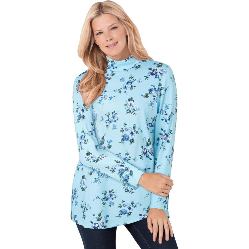 imageWoman Within Plus Size Perfect Printed LongSleeve Mockneck TeeSeamist Blue Ditsy Bouquet