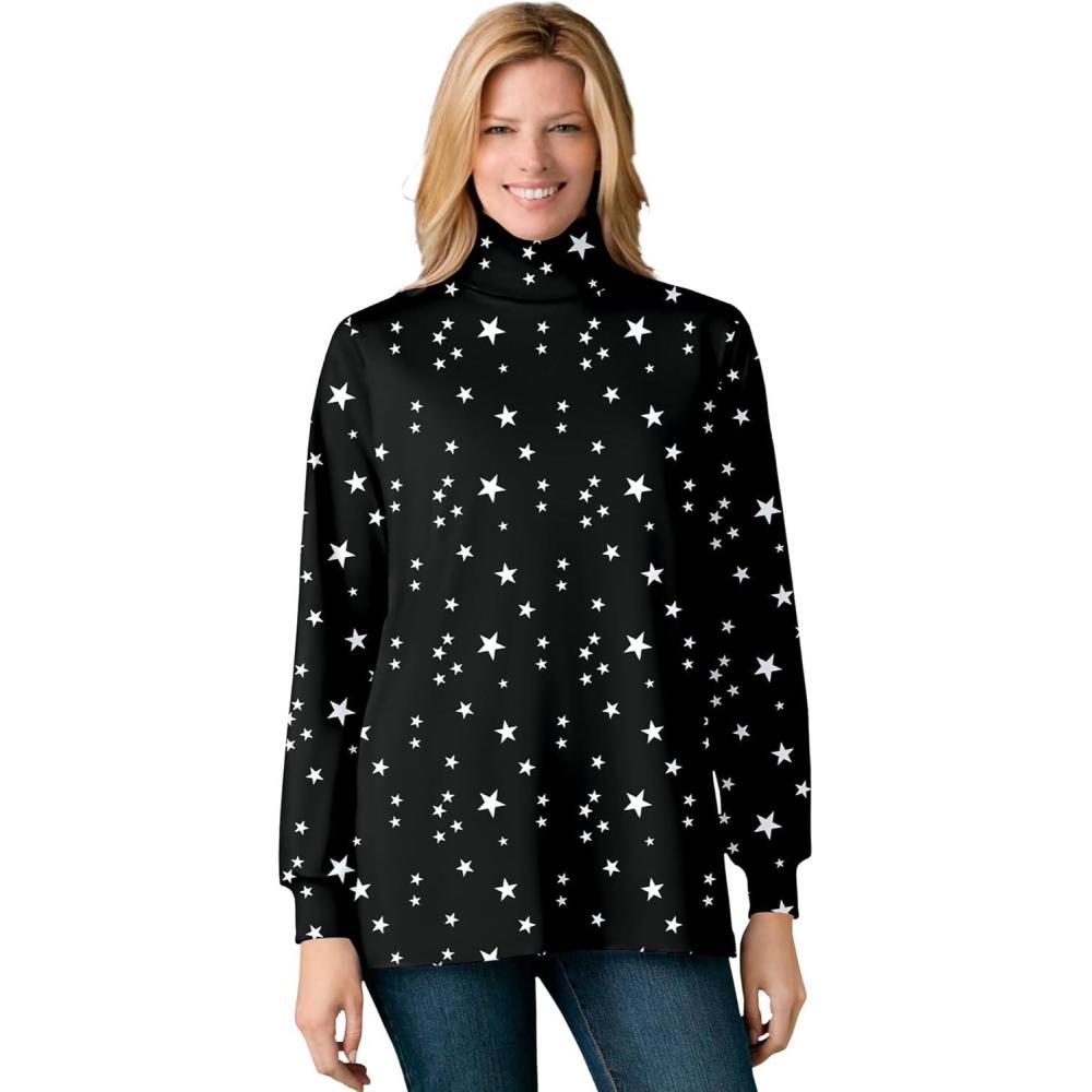 imageWoman Within Plus Size Perfect Printed LongSleeve Turtleneck TeeBlack White Stars