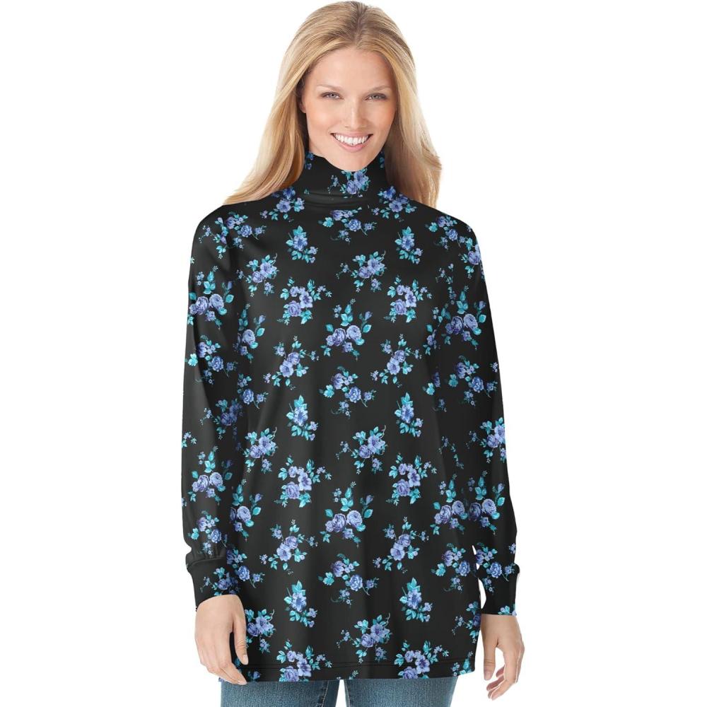 imageWoman Within Plus Size Perfect Printed LongSleeve Turtleneck TeeBlue Rose Ditsy Bouquet